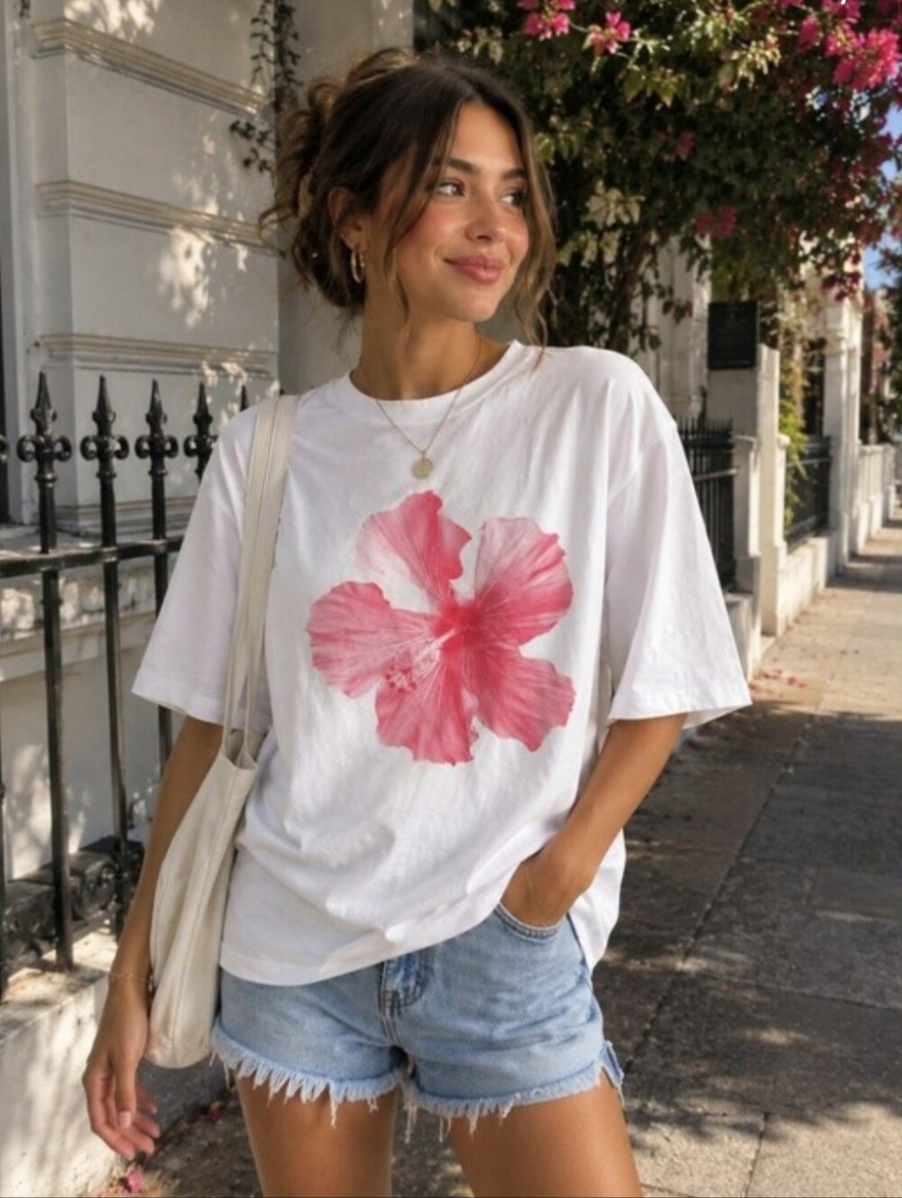 SHEIN EZwear Womens Oversized Casual Pink Tropical Floral Tee